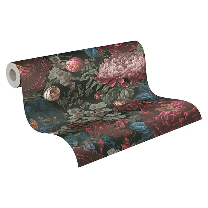 A.S. Création Metropolitan Stories Vliestapete Blüten - Rot-Blau-Schwarz, Floral, 10,05 x 0,53 m - Rolle dunkler Tapete mit Blumendesign. Elegante Tapete mit Blumenmuster in dunklen Farbtönen, ideal für ein stilvolles Interieur.