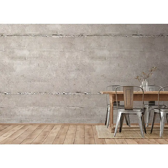 A.S. Création The Wall 2 Fototapete Betonwand I - B x H: 159 x 280 cm, Vlies - Esszimmer mit Holztisch und Metallstühlen vor einer Betonwand. Elegante Einrichtung für ein modernes Zuhause.