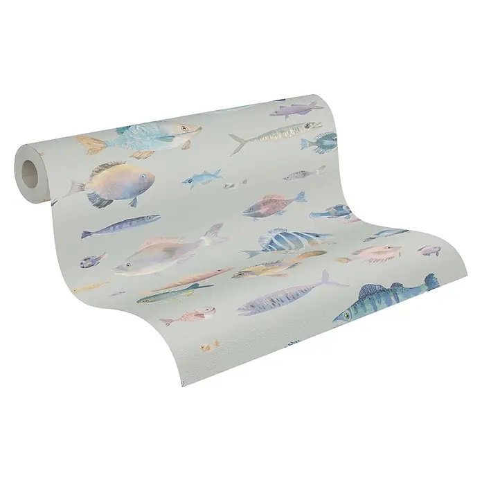 A.S. Création Pintwalls 2 Vliestapete Fische - Grau-Bunt-Violett, Tieroptik, 10,05 x 0,53 m - Eine Rolle Tapete mit einem verspielten Fischmuster, ideal für die Gestaltung von Kinderzimmern oder Badezimmern mit maritimem Flair.