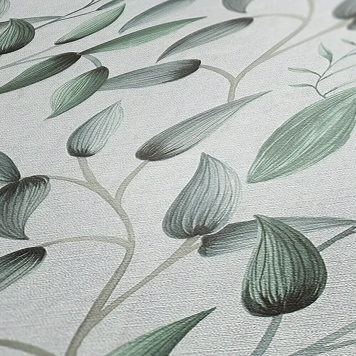 A.S. Création Pintwalls 2 Vliestapete Blätterranke - Grün-Weiß-Grau, Floral, 10,05 x 0,53 m - Nahaufnahme einer Tapete mit einem filigranen Blätterdesign in sanften Grün- und Grautönen, die eine beruhigende und natürliche Atmosphäre schafft.
