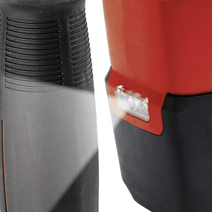 Einhell Professional Power X-Change 18V Akku-Kombihammer Herocco 18/20 - 18 V, Ohne Akku, 0 Ah, 2,2 J - Nahaufnahme einer roten und schwarzen Bohrmaschine mit LED-Leuchte zur besseren Sichtbarkeit beim Arbeiten. Ideal für präzise Arbeiten.