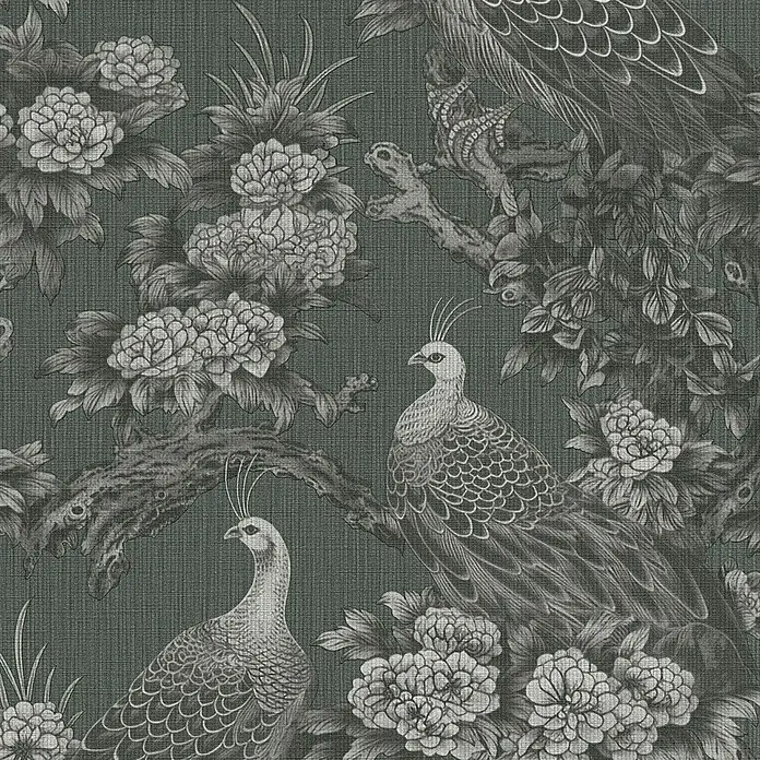 A.S. Création Michalsky Metropolis Vliestapete Dschungel - Grau-Schwarz, Floral, 10,05 x 0,53 m - Elegantes Wandbild mit Pfauen zwischen floralen Elementen. Dunkler Hintergrund betont das filigrane Design.