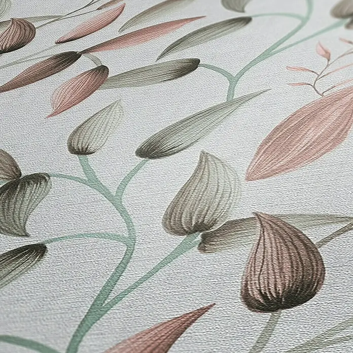 A.S. Création Pintwalls 2 Vliestapete Blätterranke - Grün-Rosa-Creme, Floral, 10,05 x 0,53 m - Nahaufnahme einer Tapete mit zarten Blättern und Zweigen in sanften Rosa- und Grüntönen auf hellgrauem Hintergrund.
