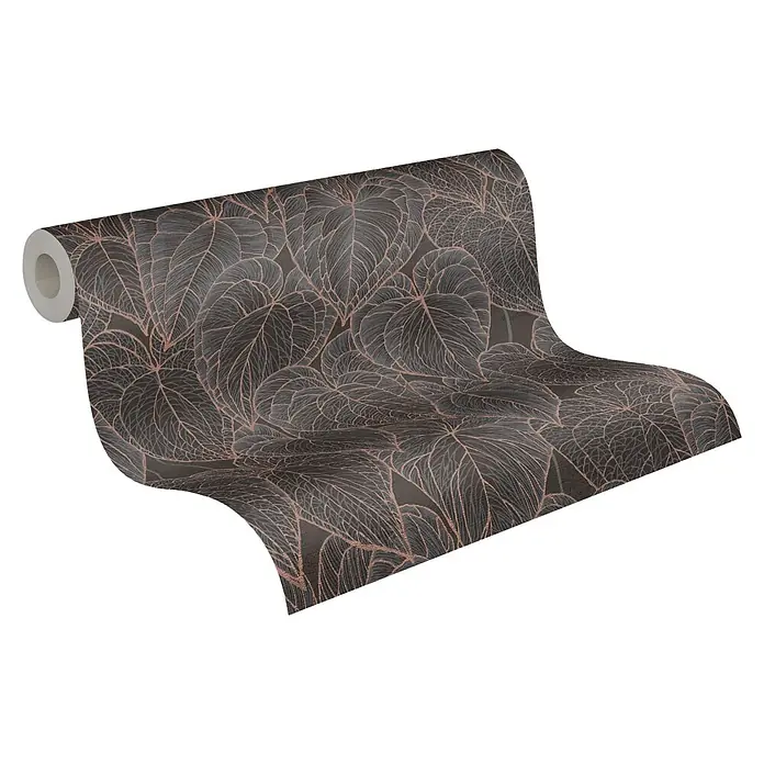 A.S. Création Daniel Hechter 7 Vliestapete Blattdesign - Braun-Schwarz-Gold, Floral, 10,05 x 0,53 m - Ein Rolle Tapete mit einem stilvollen Blattmuster in dunklen Farbtönen und zarten roségoldenen Akzenten für eine elegante Wandgestaltung.