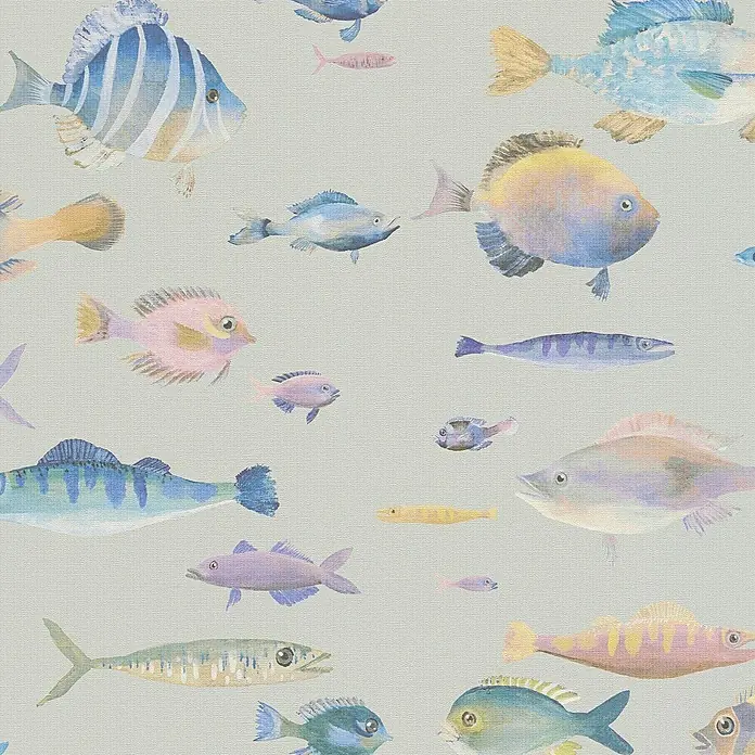 A.S. Création Pintwalls 2 Vliestapete Fische - Grau-Bunt-Violett, Tieroptik, 10,05 x 0,53 m - Buntes Fischmuster-Design auf grauem Hintergrund, ideal für Wohnaccessoires. Lebendige Farben und verspieltes Design.