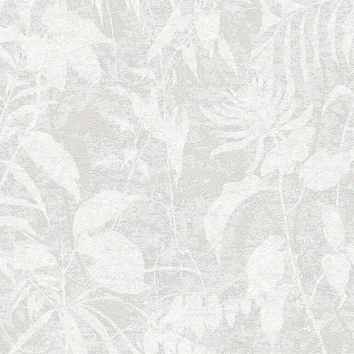 A.S. Création Metropolitan Stories Hot Spots Vliestapete Dschungel - Weiß-Grau-Metallic, Floral, 10,05 x 0,53 m - Das Bild zeigt eine Tapete mit einem subtilen, floralen Muster in Weiß- und Grautönen, die eine ruhige und elegante Atmosphäre schafft.