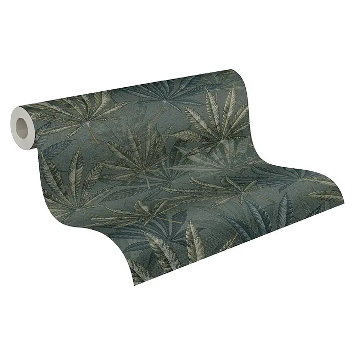 A.S. Création Michalsky Metropolis Vliestapete Hanfblätter - Grau-Grün-Blau, Floral, 10,05 x 0,53 m - Eine Rolle graublaue Tapete mit einem Allover-Blattmuster. Die Tapete hat eine leicht strukturierte Oberfläche und ein subtiles Glanzfinish.