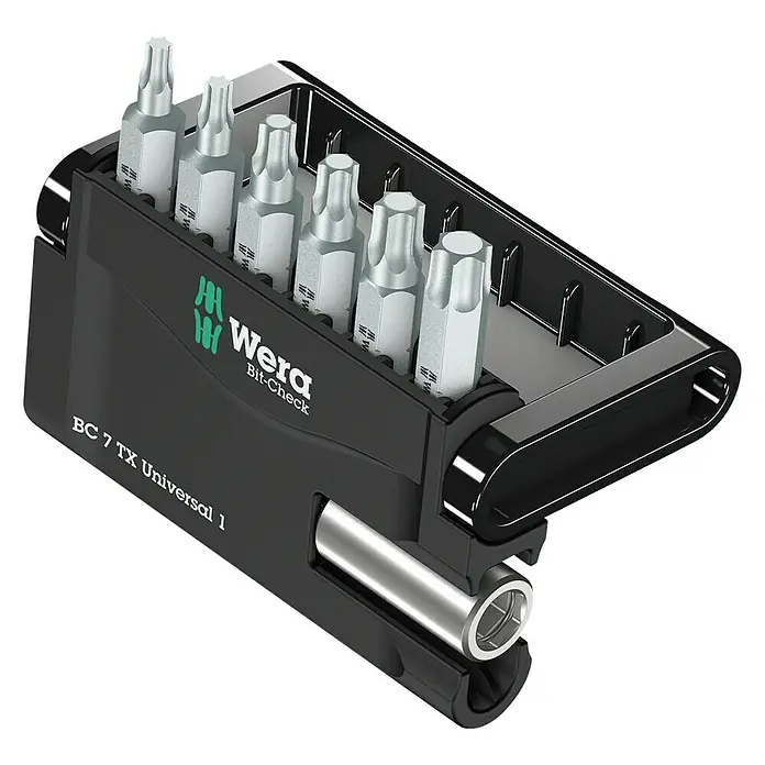 Wera Classic Bit-Set Mini-Check Torx - 7 -tlg., Innen-TORX®-Schrauben - Wera Bit-Check BC 7 TX Universal 1, ein kompaktes und vielseitiges Werkzeugset für verschiedene Schraubanwendungen.