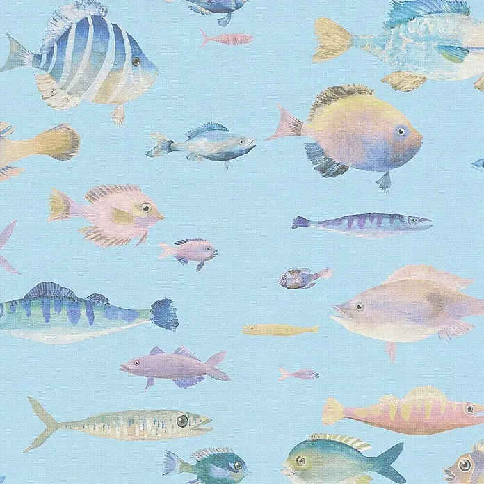 A.S. Création Pintwalls 2 Vliestapete Fische - Türkis-Bunt-Rosa, Tieroptik, 10,05 x 0,53 m - Abbildung eines Stoffmusters mit verschiedenen Aquarellfischen in Blau-, Gelb- und Rosatönen auf hellblauem Hintergrund für ein maritimes Flair.