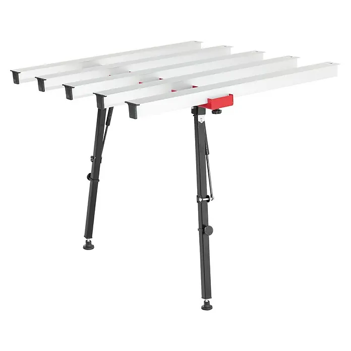 Heka Arbeitstisch -Verlängerung - Silber, 100 x 100 x 90 cm - Detailansicht eines verstellbaren Werkbanktisches mit weißer Arbeitsfläche und rotem Akzent, ideal für Werkstätten und Heimwerker.