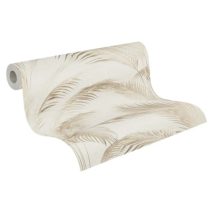A.S. Création Michalsky Metropolis Vliestapete Palmwedel - Creme-Beige-Braun, Floral, 10,05 x 0,53 m - Nahaufnahme einer Tapetenrolle mit einem zarten, beigen Palmenmuster, ideal für stilvolle Wandgestaltungen und einladendes Ambiente.