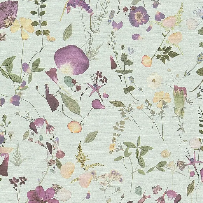 A.S. Création Pintwalls 2 Vliestapete Blumen - Grün-Violett-Gelb, Floral, 10,05 x 0,53 m - Ein elegantes florales Muster mit verstreuten Blüten und Blättern in zarten Lila- und Gelbtönen auf hellblauem Hintergrund.