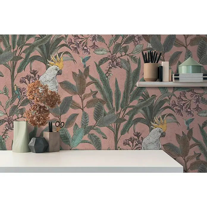 A.S. Création Pintwalls 2 Vliestapete Dschungel - Rosa-Grün-Violett, Floral, 10,05 x 0,53 m - Tropische Tapete mit Kakadus, üppigen Pflanzen und Blumen in sanften Farben. Ideal für einen exotischen Akzent im Raum.