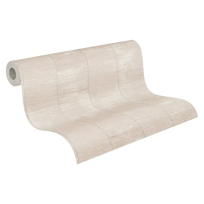 A.S. Création Daniel Hechter 7 Vliestapete - Beige-Grau-Silber, Streifen, 10,05 x 0,53 m - Ein stilvolles Foto einer Tapetenrolle in neutralen Farbtönen, die eine dezente Holzmaserung aufweist und sich für moderne Raumgestaltungen eignet.