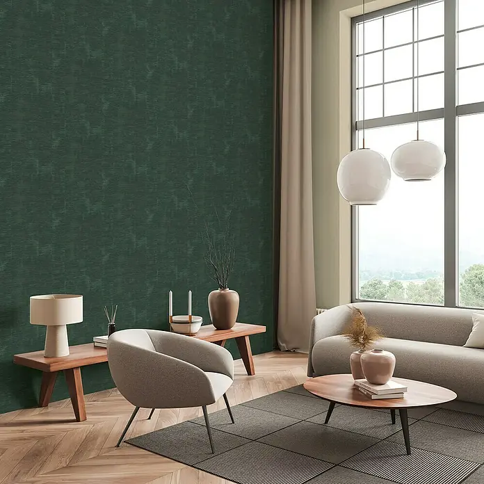 A.S. Création Daniel Hechter 7 Vliestapete - Grün, Streifen, 10,05 x 0,53 m - Elegantes Wohnzimmer mit einer stilvollen Tapete in dunklem Grün, die dem Raum eine natürliche und beruhigende Atmosphäre verleiht.