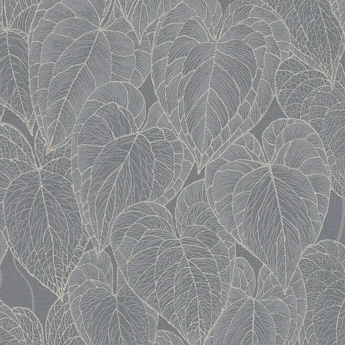 A.S. Création Daniel Hechter 7 Vliestapete Blattdesign - Grau-Silber-Metallic, Floral, 10,05 x 0,53 m - Ein graues Tapetenmuster mit kunstvollen Blattmotiven, die sich überlappen und für eine elegante Wandgestaltung sorgen.