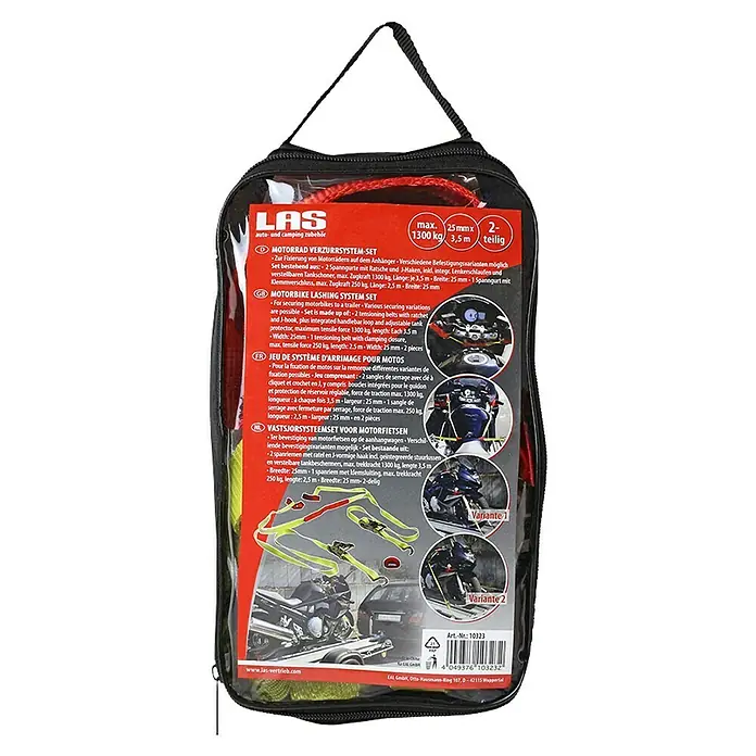 LAS Spanngurtsystem - Geeignet für: Motorräder, 6 -tlg. - Motorrad-Verzurrsystem-Set in transparenter Tasche mit rotem Textaufdruck für sicheren Motorradtransport.