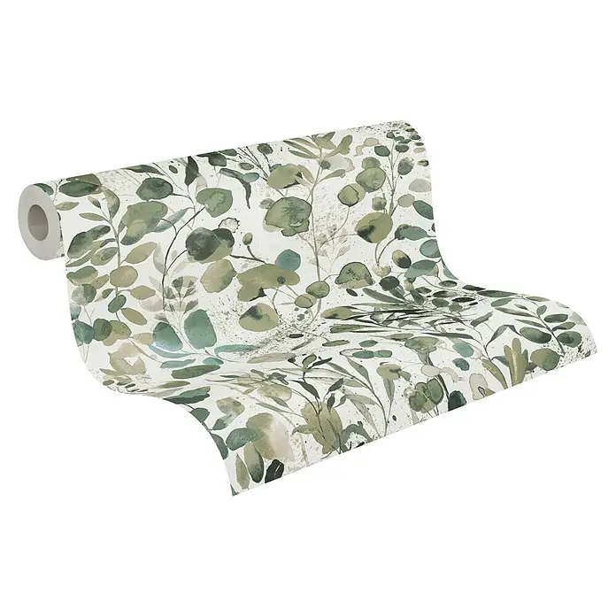 A.S. Création Pintwalls 2 Vliestapete Blätter - Grün-Blau-Weiß, Floral, 10,05 x 0,53 m - Nahaufnahme einer Rolle Wandtapete mit botanischem Muster, ideal für eine natürliche und elegante Raumgestaltung.