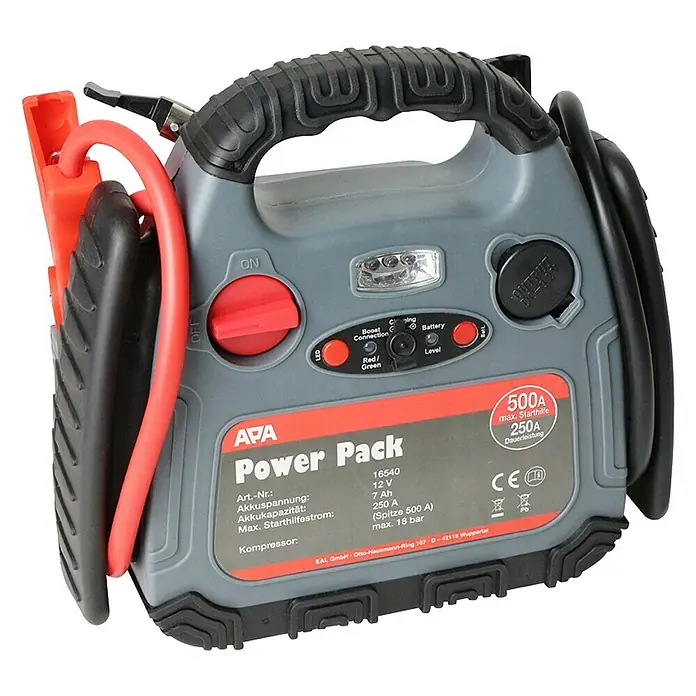 APA Energiestation Powerpack Max 500A Starthilfe - Kapazität: 7 Ah - APA Power Pack Starthilfe-System mit 12V, 7Ah Batterie, 250A Akkukapazität und max. 500A Starthilfestrom für zuverlässige Unterstützung.