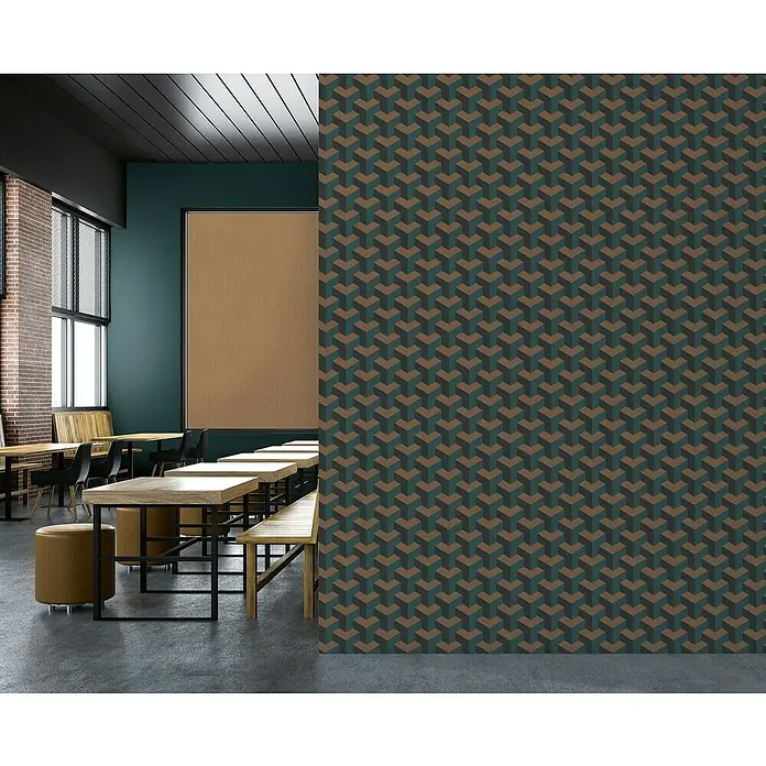 A.S. Création Daniel Hechter 7 Vliestapete 3D-Grafik - Blau-Grün-Schwarz, Grafisch, 10,05 x 0,53 m - Ein stilvolles Café mit Holztischen und Bänken, ergänzt durch eine auffällige gemusterte Wand, die dem Raum Charakter verleiht.