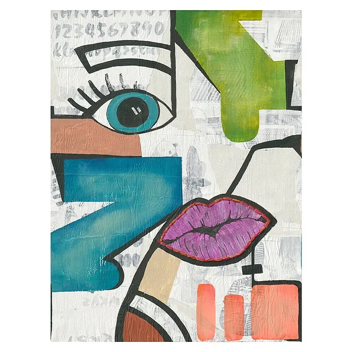 A.S. Création The Wall 3 Fototapete Kunst I - B x H: 212 x 280 cm, Vlies - Farbenfrohe, abstrakte Collage mit einem Auge und Lippen. Das Kunstwerk kombiniert Malerei, Collage und Textfragmente für einen einzigartigen Look.