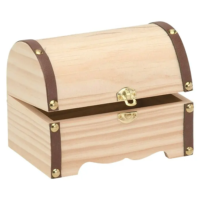 Schatztruhe - 15 x 10 x 10 cm, Holz - Geöffnete Holzkiste mit gewölbtem Deckel und Lederriemen, ideal zur Aufbewahrung von Schmuck oder kleinen Schätzen.