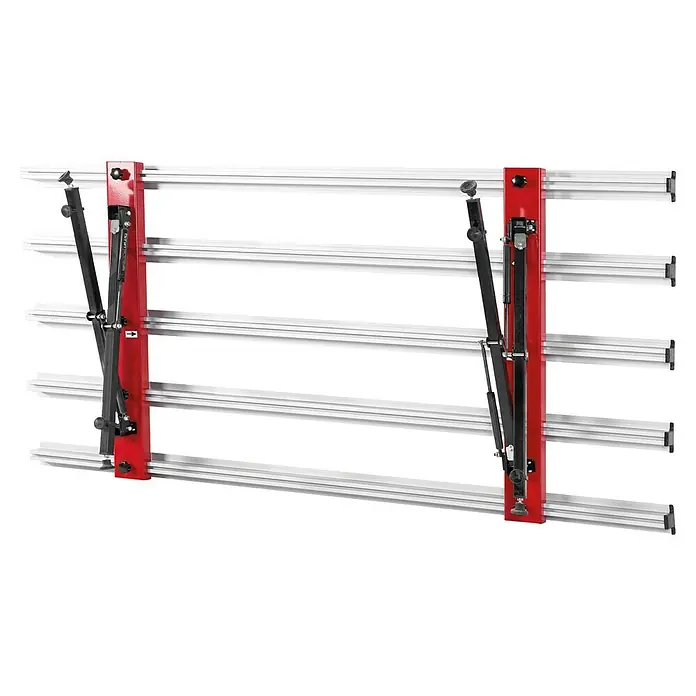 Heka Arbeitstisch - 200 x 100 x 90 cm - Produktansicht einer vertikalen Plattensäge mit rotem Rahmen und silbernen Führungsschienen, ideal für präzise Holzzuschnitte.