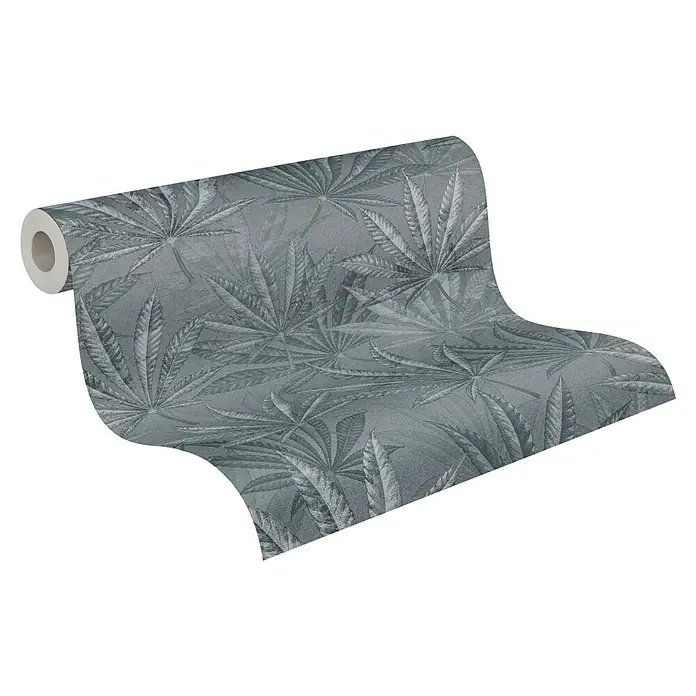 A.S. Création Michalsky Metropolis Vliestapete Hanfblätter - Grau, Floral, 10,05 x 0,53 m - Ein Rollenbild von silberner Tapete mit einem Blättermuster. Die Tapete ist aufgerollt und zeigt die feinen Details des Musters.