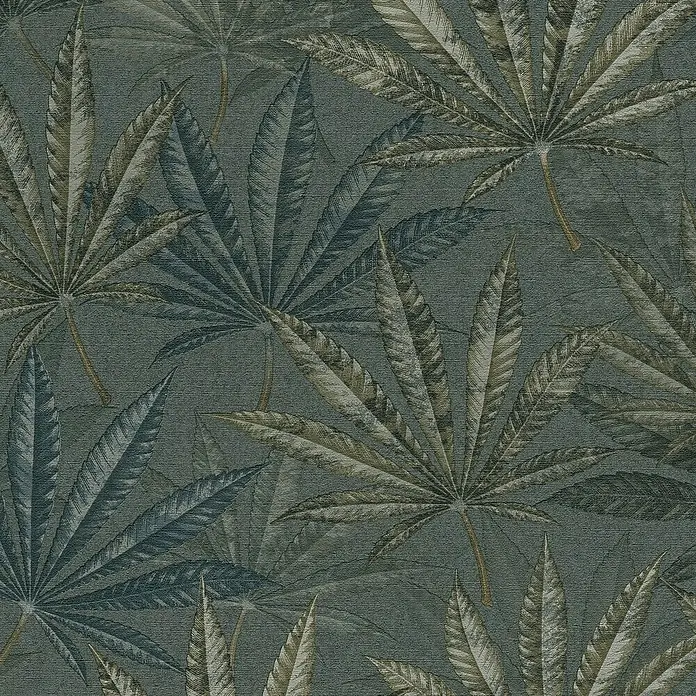A.S. Création Michalsky Metropolis Vliestapete Hanfblätter - Grau-Grün-Blau, Floral, 10,05 x 0,53 m - Detailansicht eines grünen Blätter Tapetenmusters, das eine tropische und natürliche Atmosphäre schafft.