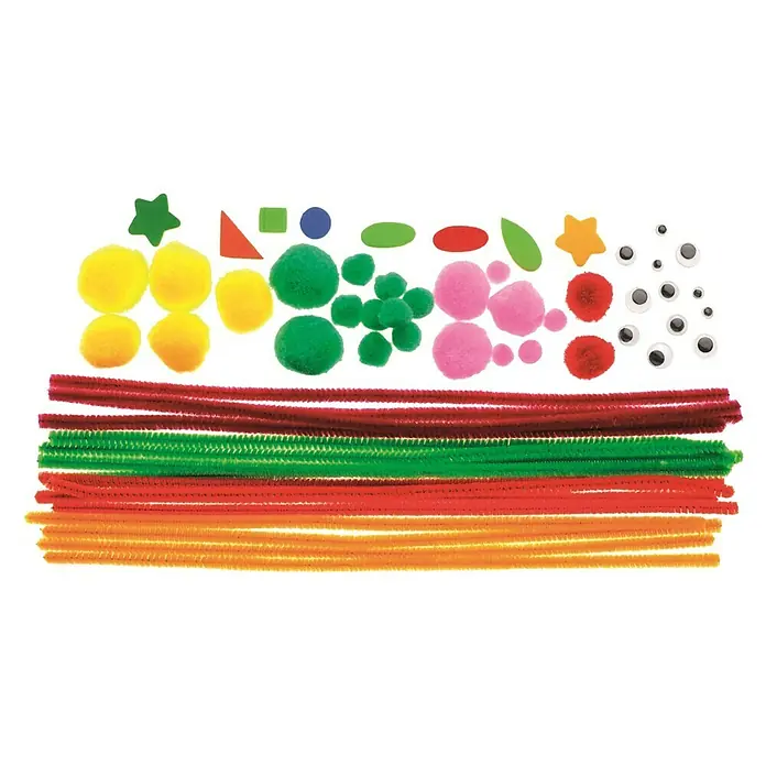 Glorex Hobby Time Biegeplüsch Mix - 25 x Pompon, 16 x Pfeifenputzer, 12 x Wackelauge, 8 x Moosgummi-Stanzteil, 61 -tlg. - Bastelset mit Pfeifenreinigern in verschiedenen Farben, Pompons, Wackelaugen und Filzformen zum kreativen Gestalten.
