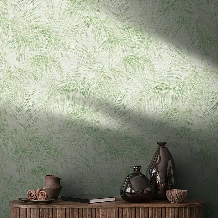 A.S. Création Michalsky Metropolis Vliestapete Farn - Creme-Grün, Floral, 10,05 x 0,53 m - Einrichten mit trendiger Tapete: Grüne Palmenblätter-Tapete für ein stilvolles Zuhause mit natürlicher Atmosphäre.