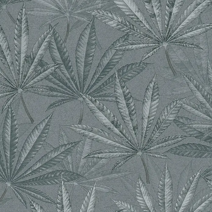 A.S. Création Michalsky Metropolis Vliestapete Hanfblätter - Grau, Floral, 10,05 x 0,53 m - Graues Tapetenmuster mit großen Cannabisblättern, das eine subtile und elegante Note verleiht.