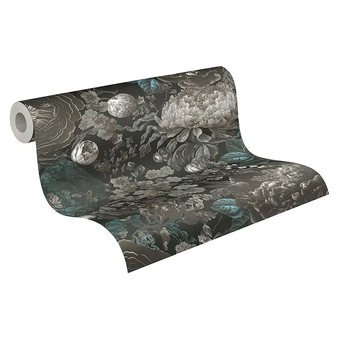 A.S. Création Michalsky Metropolis Vliestapete Blüten - Schwarz-Grau-Blau, Floral, 10,05 x 0,53 m - Eine Rolle dunkler geblümter Tapete mit Blumenmuster. Die florale Tapete sorgt für eine elegante Atmosphäre im Raum.