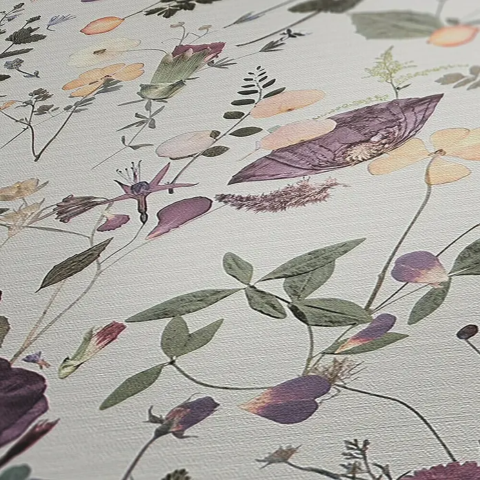 A.S. Création Pintwalls 2 Vliestapete Blumen - Violett-Grün-Gelb, Floral, 10,05 x 0,53 m - Nahaufnahme einer floralen Tapete mit zarten Blumenmustern in sanften Farbnuancen. Dekoratives Element für stilvolle Innenräume.