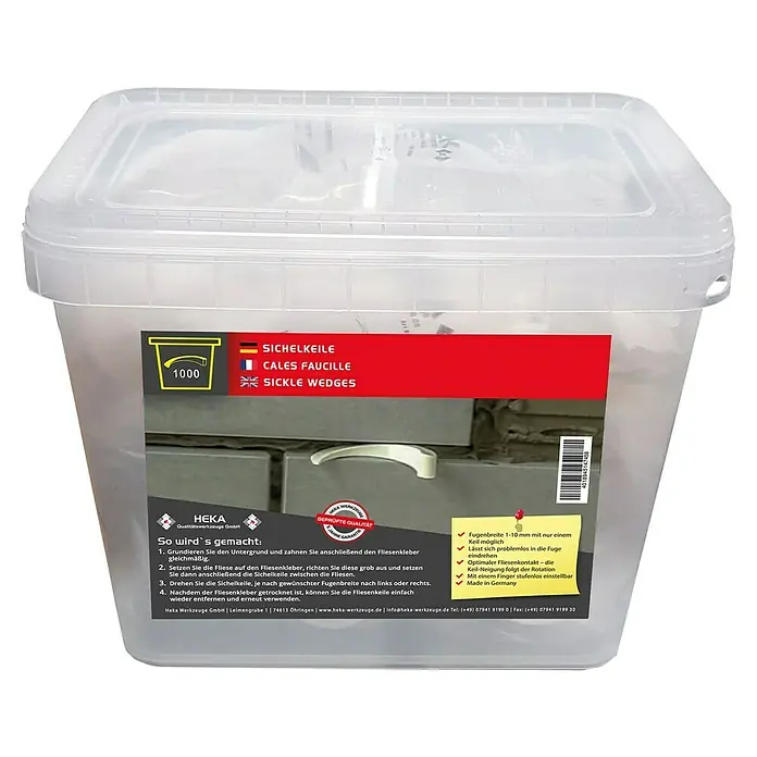 Heka Keile - Fugenbreite 1 - 10 mm, 1.000 Stk. - Eimer mit 1000 Stück Sichelkeilen von HEKA. Ideal zum Nivellieren von Fliesen und zur einfachen Einstellung der Fugenbreite.