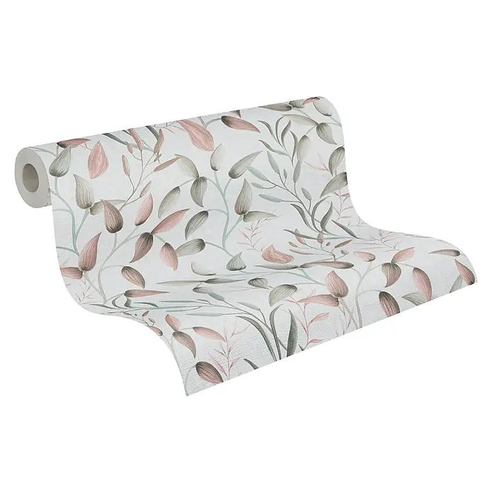 A.S. Création Pintwalls 2 Vliestapete Blätterranke - Grün-Rosa-Creme, Floral, 10,05 x 0,53 m - Eine Rolle stilvoller Tapete mit einem zarten Blätterdesign in sanften Rosa- und Grautönen, die jedem Raum eine elegante Note verleiht.