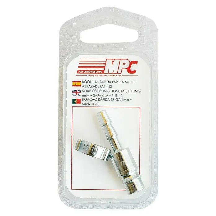 MPC Boquilla de conexión espiga con abrazadera SAPA - 15 - 18 mm, Diámetro boquilla: 6 mm - Acoplamiento rápido para compresores de aire MPC empaquetado con racor para manguera y abrazadera SAPA 6 mm + 11-13.