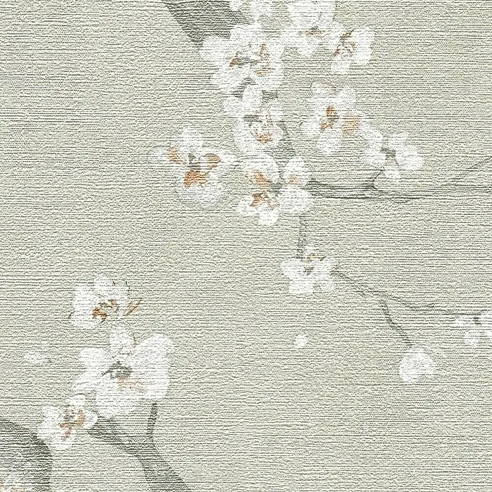 A.S. Création Metropolitan Stories Hot Spots Vliestapete Kirschblüte - Grün-Weiß-Grau, Floral, 10,05 x 0,53 m - Dieses Bild zeigt eine Nahaufnahme eines Tapetenmusters mit zarten weißen Blütenzweigen auf einem dezent strukturierten, grünlichen Hintergrund.