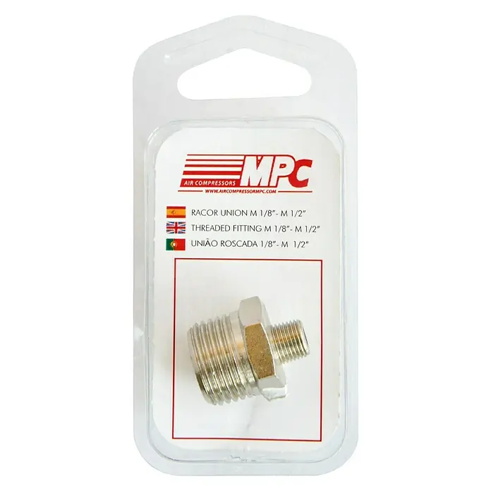 MPC Racor de conexión macho - ¹⁄₈ - ½″ - Racordaje roscado MPC Air Compressors M 1/8"-M 1/2" envasado, ideal para sistemas de aire comprimido, alta calidad.