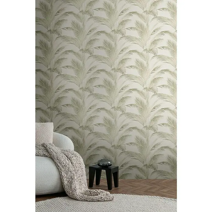 A.S. Création Michalsky Metropolis Vliestapete Palmwedel - Creme-Grün, Floral, 10,05 x 0,53 m - Exotische Palmwedel-Tapete verleiht dem Raum eine natürliche und beruhigende Atmosphäre, ideal für Wohnzimmer und Schlafzimmer.