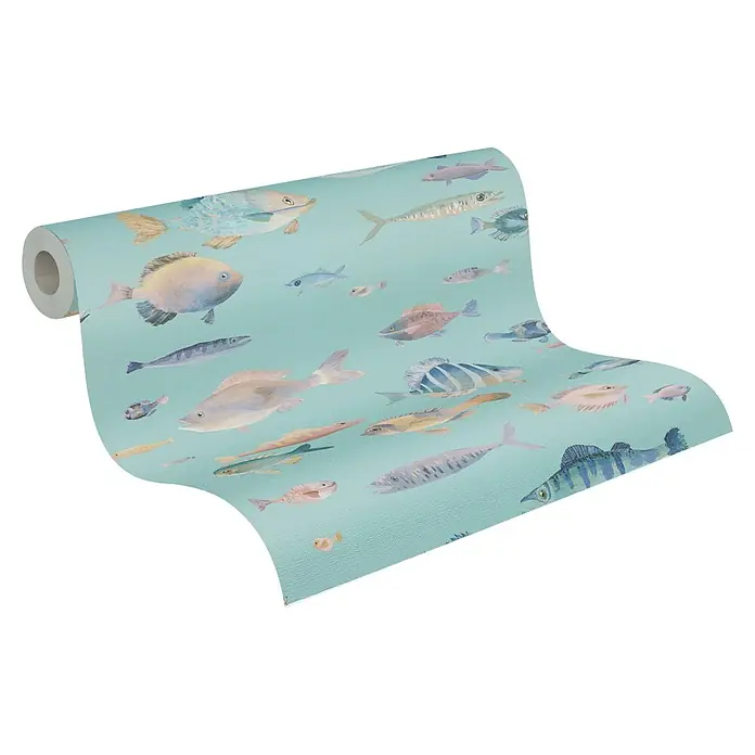 A.S. Création Pintwalls 2 Vliestapete Fische - Blau-Bunt-Violett, Tieroptik, 10,05 x 0,53 m - Eine Rolle Tapete mit einem verspielten Fischmuster in verschiedenen Farben. Ideal für Kinderzimmer oder Badezimmer.