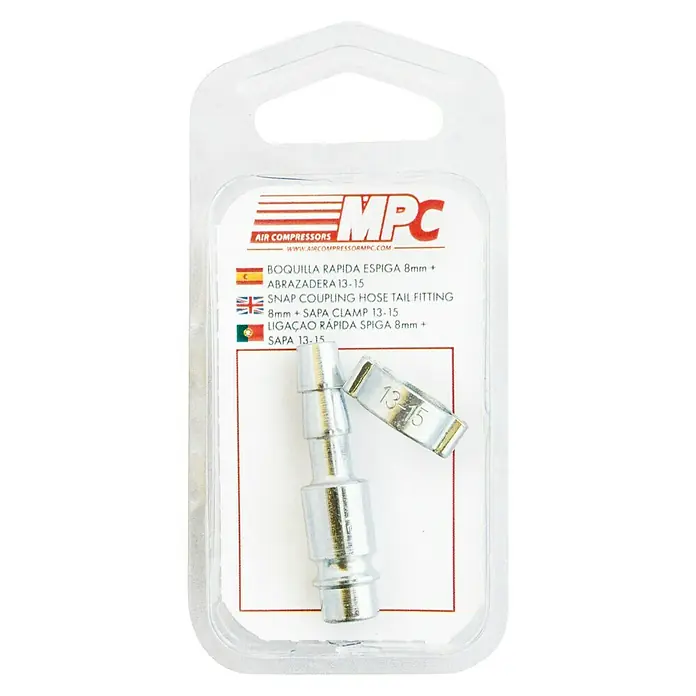 MPC Boquilla de conexión espiga con abrazadera SAPA - 13 - 15 mm, Diámetro boquilla: 8 mm - Compresores de aire MPC: Racord de manguera de acoplamiento rápido de 8 mm con abrazadera de 13-15 mm, ideal para sus necesidades neumáticas.