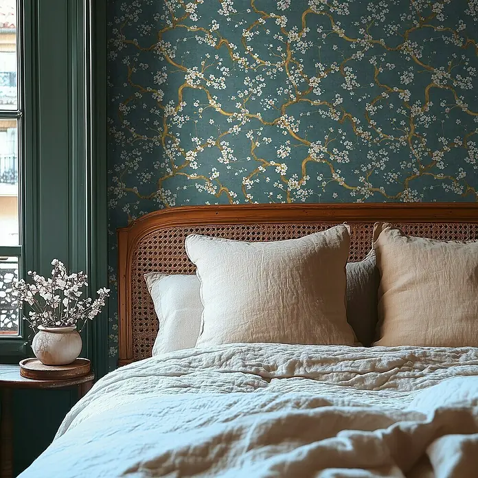 A.S. Création Metropolitan Stories Hot Spots Vliestapete Kirschblüte - Blau-Gold-Creme, Floral, 10,05 x 0,53 m - Schlafzimmer mit einem Kingsize-Bett und einer mit Blüten verzierter Tapete. Die Kissen und die Tagesdecke sind in natürlichen Farben gehalten.