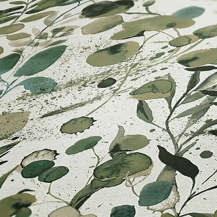 A.S. Création Pintwalls 2 Vliestapete Blätter - Grün-Blau-Weiß, Floral, 10,05 x 0,53 m - Grünes botanisches Aquarellmuster mit Blättern und Farbspritzern.