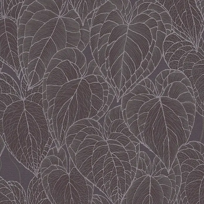 A.S. Création Daniel Hechter 7 Vliestapete Blattdesign - Grau-Lila-Silber, Floral, 10,05 x 0,53 m - Abstrakte Tapete mit großem Blätterdesign in dunklen Farbtönen und feinen, hellen Blattadern, ideal für moderne Wohnräume.