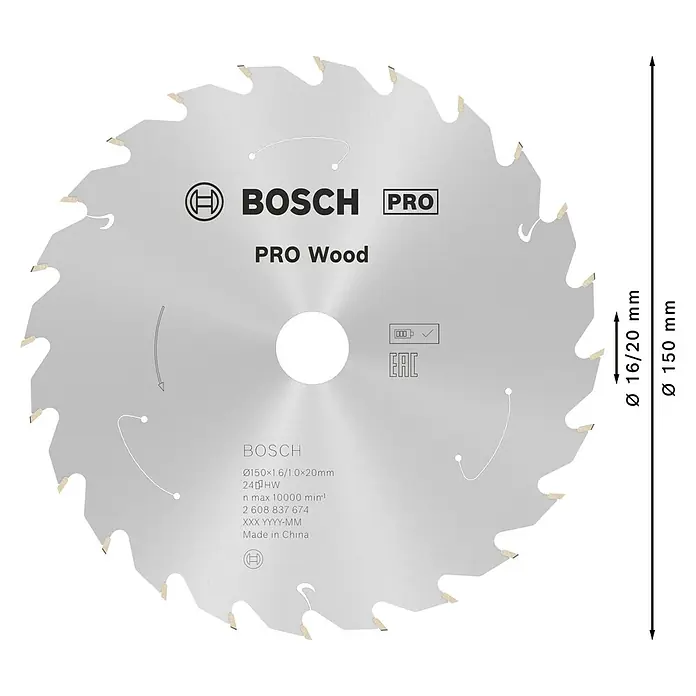 Bosch Kreissägeblatt Standard for Wood - 150 mm, Bohrung: 20 mm, Anzahl Zähne: 24 Stk. - Kreissägeblatt Bosch Pro Wood mit 150 mm Durchmesser, ideal für Holzarbeiten.