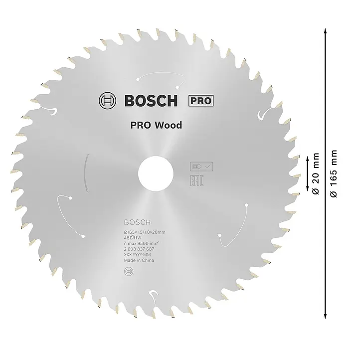Bosch Kreissägeblatt Standard for Wood - 165 mm, Bohrung: 20 mm, Anzahl Zähne: 48 Stk. - Abbildung eines Bosch Pro Wood Kreissägeblatts mit einem Durchmesser von 165 mm und einer Bohrung von 20 mm für präzise Holzschnitte.