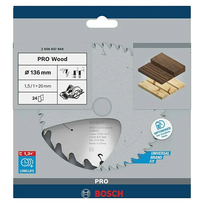 Bosch Kreissägeblatt Standard for Wood - 136 mm, Bohrung: 20 mm, Anzahl Zähne: 24 Stk. - Das Bild zeigt eine Bosch Pro Wood Kreissägeblatt mit einem Durchmesser von 136 mm, geeignet für Holzarbeiten und Akku-Werkzeuge.