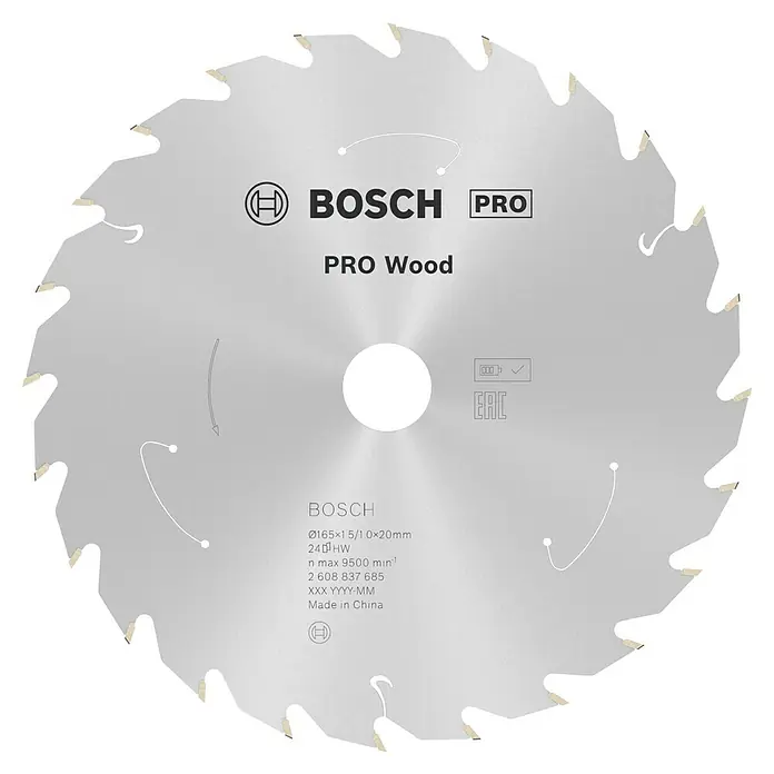 Bosch Kreissägeblatt Standard for Wood - 165 mm, Bohrung: 20 mm, Anzahl Zähne: 24 Stk. - Nahaufnahme eines Bosch Pro Wood Kreissägeblatts, ideal für präzise Holzschnitte in Profiqualität.