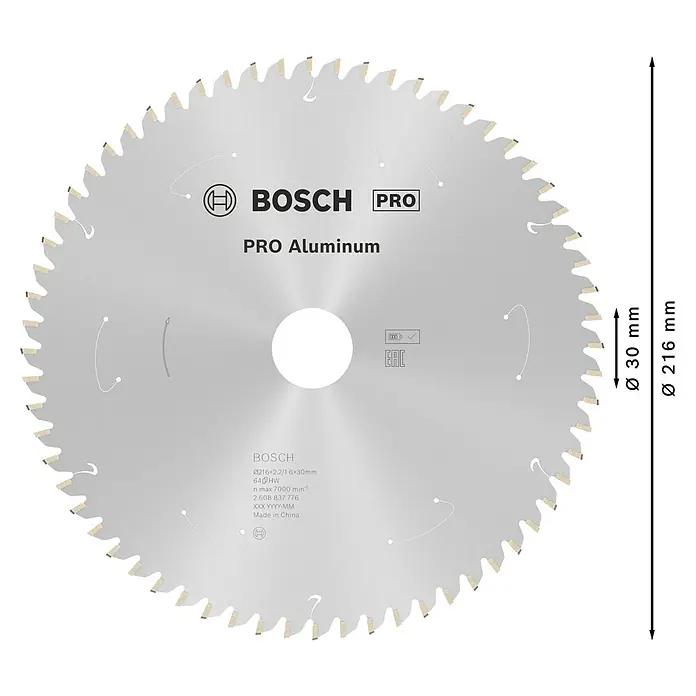 Bosch Kreissägeblatt Standard for Aluminium - 216 mm, Bohrung: 30 mm, Anzahl Zähne: 64 Stk. - Bild einer Bosch Pro Aluminium Kreissäge mit den Maßen Ø 30 mm und Ø 216 mm für präzise Schnitte in Aluminium.